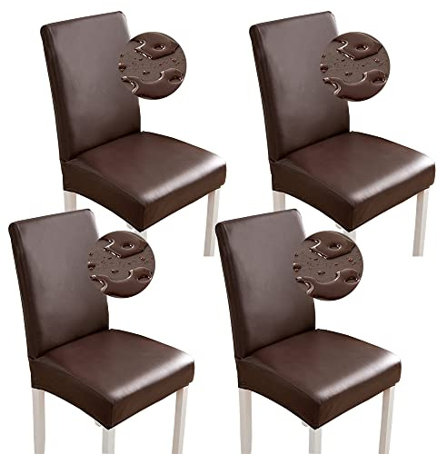 Bestenrose Stuhlhussen 6er/4er PU Leder Stuhlbezug wasserdichte Stretch Esszimmer Stuhlüberzug Stretch Stuhl Husse Universell Stuhlhussen Haus Büro Restaurant (4-Stück, Kaffee)