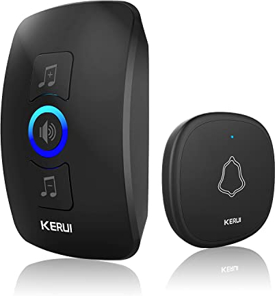 KERUI Campanello Senza Fili da Esterno, Campanello Senza Fili Impermeabile IP66 con Lunga Distanza, Indicatore LED, 1 Trasmettitore Pulsante e 1 Ricevitore,4 Volume regolabile,32 Suonerie (nero)