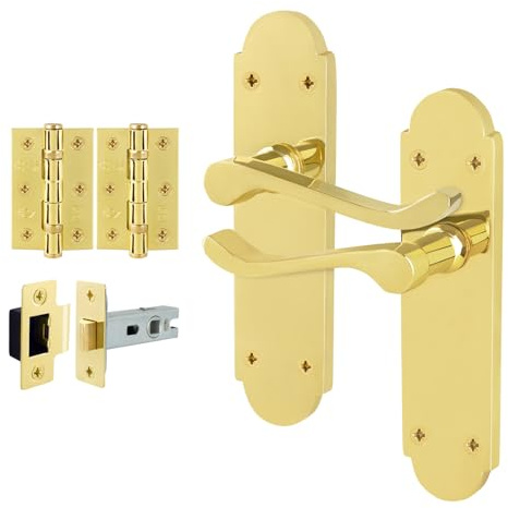 EAI Polished Brass Door Handles with Latch 64mm and Hinges | Complete Latch Kit with 1 Pair of Victorian Scroll Lever on Backplate Door Handles, 64mm Latch, Hinges, Fixings Included