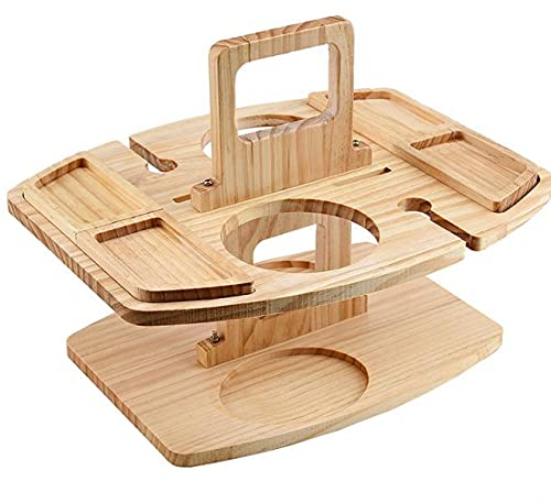 Creativity Double Layer Picnic Table, Outdoor Wooden Dining Tables w/Handle /2 Wine Glass Holder/ 2 Wine Bottle Holder/4 Food Trays, Beach Table Snack