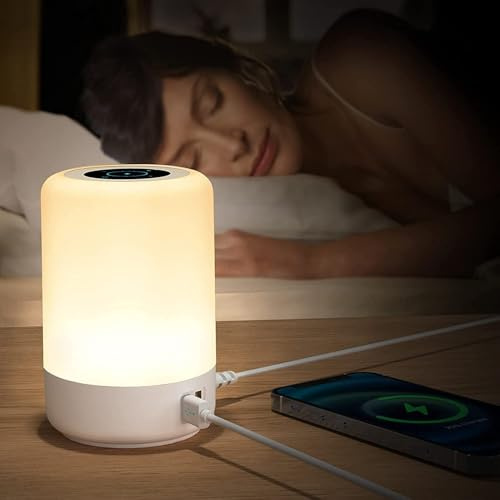 Taipow Bedside Table Lamp with 4 USB Charging Port, 3 Light Modes & 8 Colors, Brightness Adjustable Desk Lamp for Reading Working Sleeping, Touch Night Light Lamps for Bedrooms - White