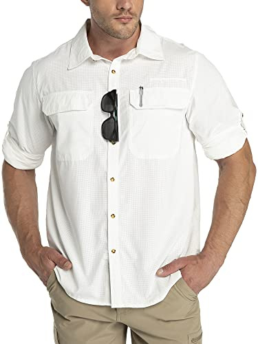Outdoor Ventures Camisa de manga larga para hombre, camisa funcional para exteriores, de secado rápido, informal, transpirable, viajes, Blanco, L