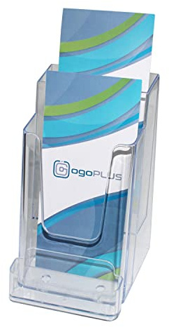 ogoPLUS 2 Etagen DIN lang Prospekthalter Hochformat mit Visitenkartenständer Querformat, Prospektständer, Flyer-Ständer, Visitenkartenhalter Aufsteller, Tisch-Prospektständer, Prospektbox