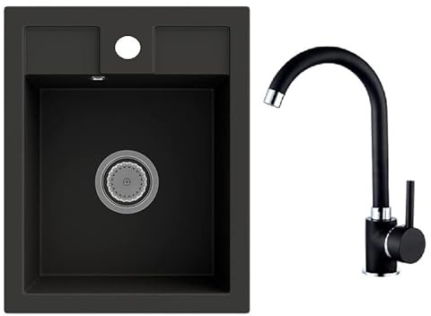 LINDBERGH® Küchen Granit-Spüle Schwarz MON44 + Armatur 1-Galo inkl. Siphon, Verbundstoffe Made in Germany, Spülen Küche Küchenspüle Spülbecken Kitchen Sinks Einbauspüle, inkl. Imprägnierung