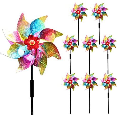 8PCS Bird Scarers Windmills For Garden,Multicolour Reflective Bird Deterrent Windmill Pigeon Deterrent Windmills for Garden Windmills for Children (8PCS Color flash windmill)