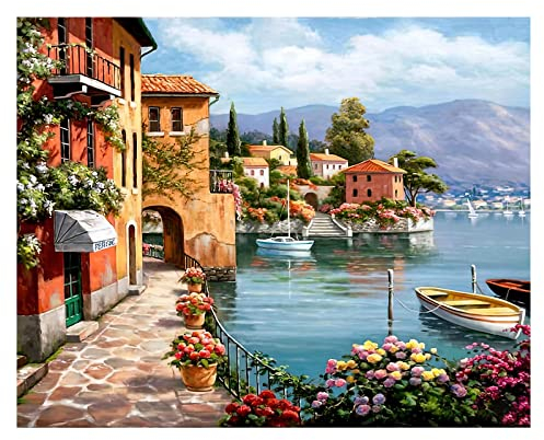 gelrovaled Pintar por Numeros Adultos, DIY Pintura por Números, Kit de Pintura al óleo de Lienzo DIY para con Pinceles, Pigmento Acrílico 40 x 50cm, Lake Sea Town(Sin Marco)