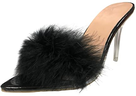 QWUVEDS stiletto high heels high heels schwarz high heels sexy high heels sandaletten Mode Frühling und Sommer Frauen Sandalen flauschige Schwarze Damen Schuhe