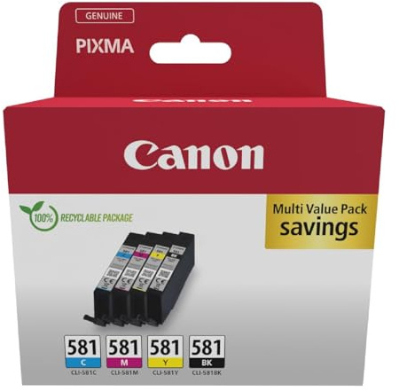 Canon CLI-581 Lot de 4 Cartouches d'encre Authentiques (Noir, Cyan, Magenta, Jaune) – Carton de sécurité Multipack