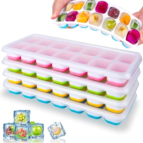 Stampo Ghiaccio, 4 Pezzi Vaschetta del Ghiaccio con Coperchio, Facile far Uscire 56 Cubetti Ghiaccio, 100% Senza Bisfenolo A, Stampi per cubetti di ghiaccio impilabili per DIY Alimenti, bevande