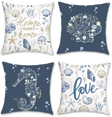 Bonhause Coastal Cushion Covers 45 x 45 cm Seahorse Seashell Starfish Conch Beach Decorative Throw Pillow Covers Navy Blue Pillowcases for Sofa Couch Bed Home Decor Set of 4