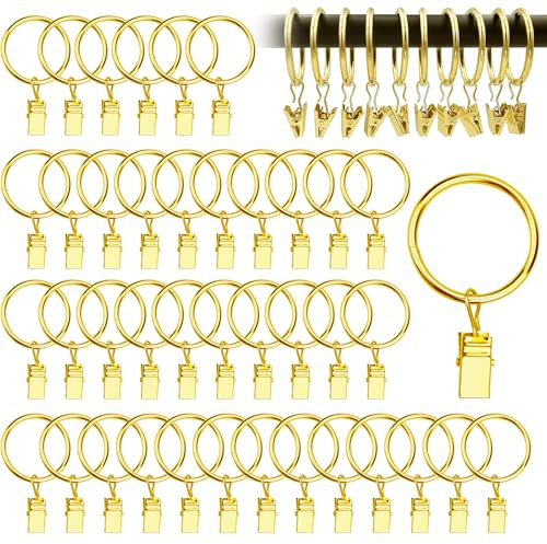 pangdapengpeng 40 Stück Gardinenringe, 32mm Vorhangringe mit Clips, Metall Fenstervorhang Hängering für Vorhänge, Duschvorhänge, Wäscheleinen (Gold)