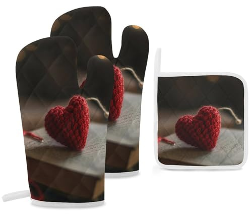 Set di 3 guanti da forno e presine da cucina, resistenti al calore, guanti da forno a forma di cuore all'uncinetto spessi guanti da forno antiscivolo guanti da cucina extra lunghi per grigliare