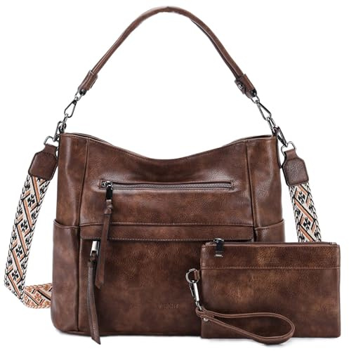 VASCHY Hobo Bag for Women, Medium Vegan Leather Shoulder Purse Handbag Top Handle Satchel with Wallet Crossbody Guitar Strap Coffee