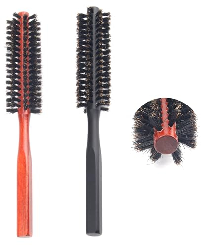 Lot de 2 petites brosses à cheveux rondes en poils de sanglier pour cheveux courts, brosses rondes pour frange longue et bouclée, brosse ronde en poils de sanglier avec manche en bois (noir, rouge)