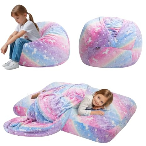 COMAX Bean Bag Chair for Kids, Toddler Beanbag Bed Unicorn, Convertible Children Bean Chair to Floor Mattress with Filler, Stuffed Child Bean Bags for Girl Boy Sleeping, Colorful Rainbow