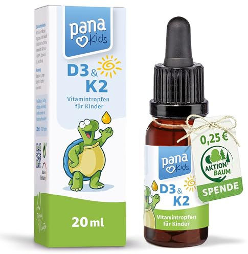 PanaKids Vitamin D3 K2 Tropfen für Kinder - ab 4 Jahren - 100% Vegetarisch - für 350 Tage - 800 IE Vitamin D & 25μg Vitamin K2 - hohe Bioverfügbarkeit - laborgeprüfte Qualität - Vitamin D Kinder