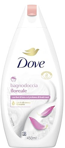 Dove Bagnodoccia Floreale, Idratante Dermo-Naturale, Fiori di Loto e Frutti Rossi, 1/4 Crema Idratante, Dermatologicamente Testato, Bagnoschiuma Uomo e Donna, 100% Bottiglia Riciclata*6 Pezzi x 450ml