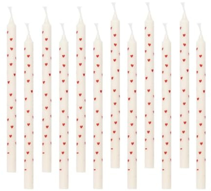 Weiße dünne Stabkerzen mit roten Herzen H:20 cm Ø:1,3 cm Brenndauer 3 Stunden Kerze Liebe Freundschaft, Farbe:12er Pack