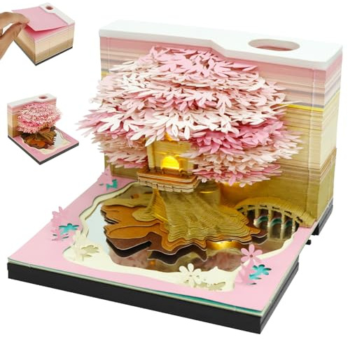 3D Notizblock mit Licht 8.5×8.5×6.5cm 2025 3D Notizblock 3D Baum mit Stifthalter Kreative 3D Notizblock Geschenk für Weihnachten Thanksgiving Jubiläum Valentinstag (Rosa)