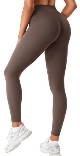 ZAAYO Damen Sport Leggings Scrunch Workout Leggings Kompression Butt Lifting Mitte Hohe Taille 26 inch Nahtlose V Back Yoga-Hosen Kaffee M