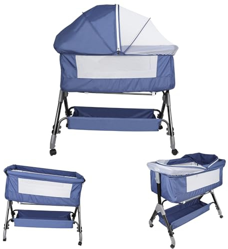 Kedia Babybettchen mit Moskitonetz, Babybett & Reisebett mit Rollen, Babybetten Höhenverstellbar, Babybetten für Co-Sleeping (104 * 52 * 103-115cm Blau)