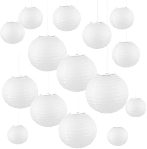 Kellegour 15 Pezzi Lanterne di Carta Bianche,Lanterna di Carta Rotonde,Bianche Lanterne di Carta da Appendere,Lanterna di Carta Rotonda per Compleanni,Feste,Decorazioni Domestiche,10/15/20/25/30cm