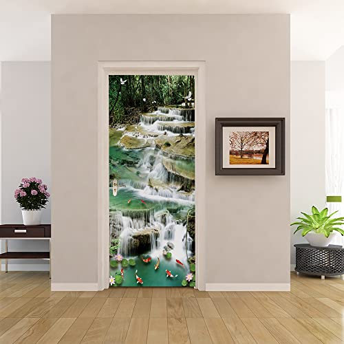 3D Türtapete 70x200 Türaufkleber Selbstklebend Türfolie Poster Fototapete Türbilder Türtattoos Wasserdichte Tür Stickers für Kinderzimmer Wohnzimmer Badezimmer Wasserfall-Landschaft