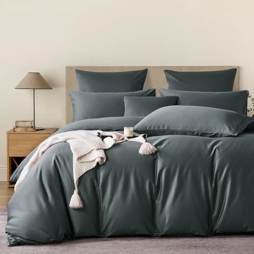YASMENG Mako Satin Bettwäsche 135 x 200 Dunkelgrau 100% Baumwolle Satin Glänzend Bettbezug Set Weich Seidig Atmungsaktiv Lyocell Seide Bettwäsche 2teilig mit Reißverschluss und 80x80 cm Kissenbezug