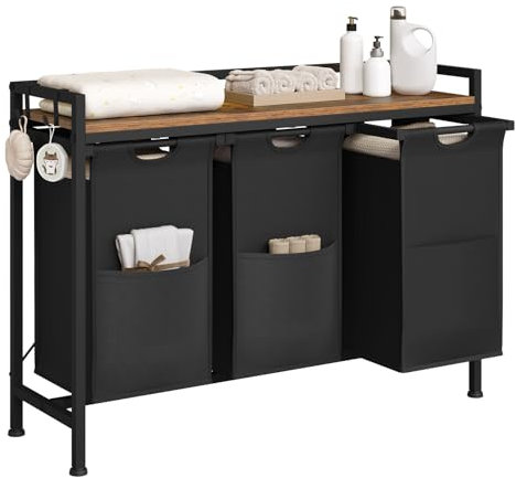 WOLTU Wäschekorb 3 Fächer, jedes 40 L, Wäschesammler mit Ablage Metallrahmen, Oxford-Stoff-Wäschesack ausziehbar abnehmbar, Wäschesortierer Wäschebehälter schwarz