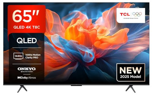 TCL 65T8C 65 Zoll QLED Fernseher Gaming Smart Google TV – 144Hz, 4K UHD, HDR10+, Dolby Vision & Atmos, AMD FreeSync (VRR), HDMI 2.1, Onkyo 2.1 Sound, Google Assistant, Chromecast, AirPlay 2