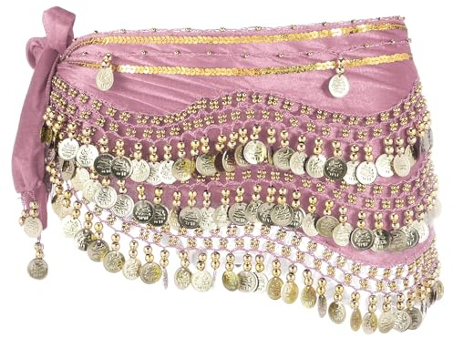 sourcing map Belly Dance Hip Scarf 59x11, 1 Pack Women's Belly Dance Costume Skirt Wrap with 248 Gold Coin for Dance or Yoga Class, Pink