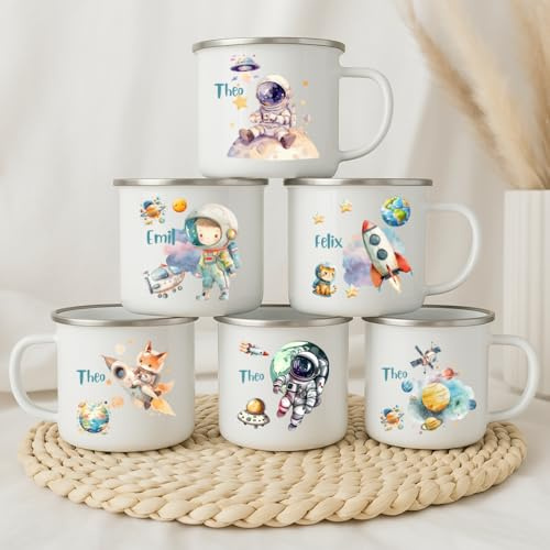 wolga-kreativ Emaille Tasse Weltall personalisiert mit Namen - Robuste Kinder Tassen, BPA-frei, Spülmaschinenfest Kinder Becher - Personalisierte Geschenke Baby Zur Taufe, Geburt, Weihnachten