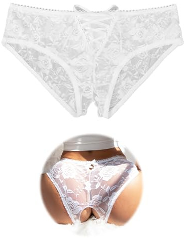 sunshinelady Women's French Knickers Plus Size Sheer Lace Underwear Women Hollow Out Sexy Panties Thongs Soft Stretchy Crisscross Lace-Up Hipster Briefs White UK 8-10