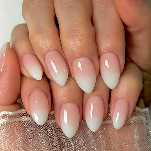 KQueenest Ombre French Press on Nails Short Almond, Short False Nails, Gradient Nude Pink Fake Nails Press ons Stiletto, Glossy Opaque, Reusable Soft Gel Stick on Nail for Women, 24 Pcs