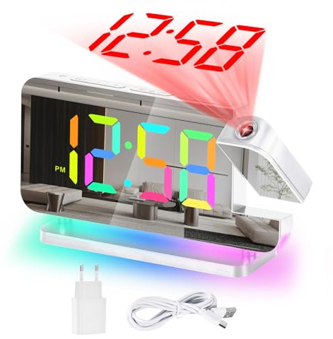 Wecker Digital,Wecker Mit Projektion,7.4LED-Spiegeluhr mit um 180°Drehbarem Projektor,11 RGB-Farben-Digitalanzeige,10-Farben-Nachtlicht,5-Stufen Lautstärke Tischuhr Digital für Kinder,Mädchen