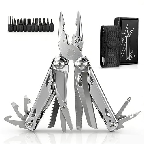 28 en 1 Pince Multifonctions en Acier Inoxydable avec Structure AutoverrouilléE, Couteau avec Scie, Tournevis, Règle, Lime, Ouvre-Boîte pour Survie, Camping, Randonnée ExtéRieur RéParation