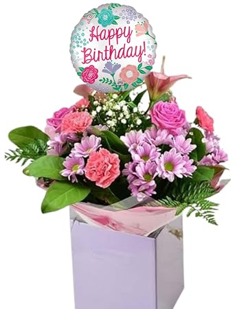 Belle in Pink Fresh Flowers Bouquet Pink Roses, Carnations, Lilies, Arrangement Gifting for Birthday Celebrations, Anniversary, Get Well, Thank You, Weddings,Chocolate (Birthday Balloon)