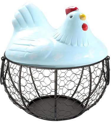 Chicken Design Eggs Holder, Black Metal Egg Collection Baskets with Ceramic Lids and Handle, Kitchen Storage Organizer for Eggs Snacks and Fruits (Blue)