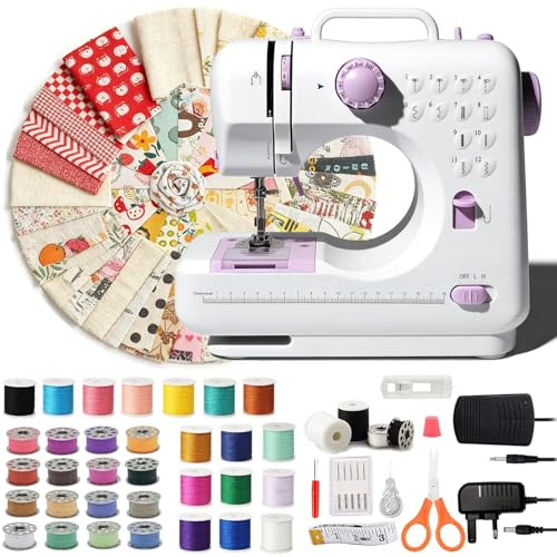 Sewing Machine 505 for Beginners with 50Pcs Cloth Piece, 12 Stitches Double Thread Electric Heavy Duty Sewing Machine, Easy Sewing with 42Pcs Sewing Kit (White and Purple)