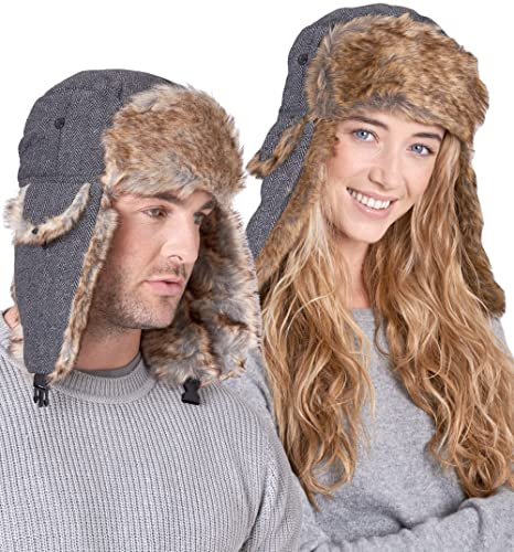 Tough Headwear Winter Trapper Hat - Mens Hats and Caps - Russian Ushanka Army Hat - Waterproof Winter Fur Cap with Ears - Earflap Hats for Men & Women - Ear Flaps Snow Eskimo Hat