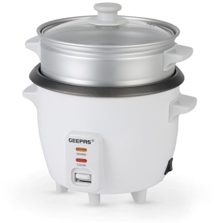 Geepas 300W Rice Cooker & Steamer with Keep Warm Function, 0.6L | Automatic Cooking, Non-Stick Inner Pot | Make Rice & Steam Healthy Food & Vegetables | Includes Measuring Cup & Spatula