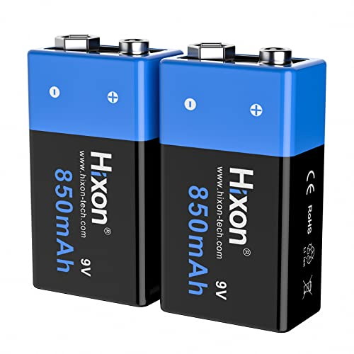 Hixon 9V li-ion rechargeable battery, 850mAh lithium ion rechargeable battery for smoke alarm detector fire alarm multimeter electric guitar kids toys battery, pack of 2