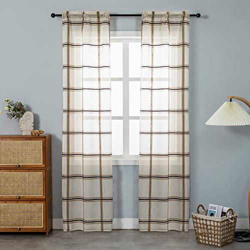 GIRASOLE Coppia Tende Semitrasparenti Fantasia a Quadri Tenda per Soggiorno e Camera da Letto 2 Pannelli con Passanti (Crema, 70x240cm)