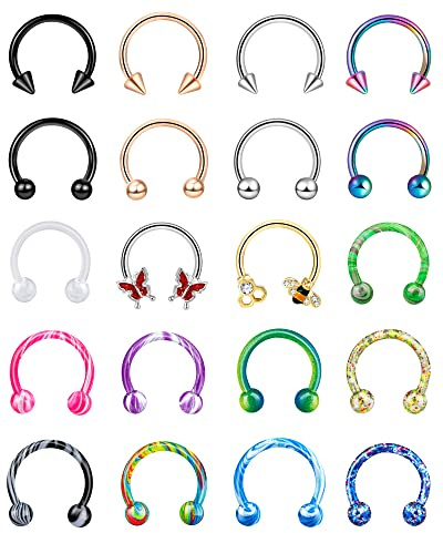 ONESING 20 Pcs 16G Lip Rings for Women Nose Piercing Jewelry Tragus Horseshoe Earrings Hypoallergenic Stainless Steel Pink 10mm