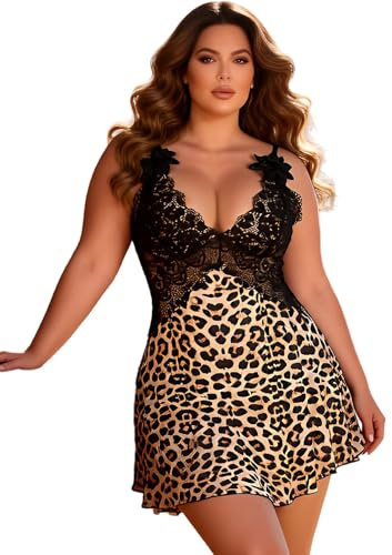 ohyeahlady Camicia da Notte Donna Leopardato Pizzo Taglie Forti Babydoll Hot Curvy con Spalline Regolabili Vestaglia Sexy Lingerie Sexydonna Hot Biancheria Intima con Perizoma(Leopardato,M-L)