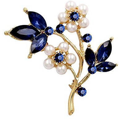 Broche bijou fleur cristal bleu & perles nacrées, acier doré.