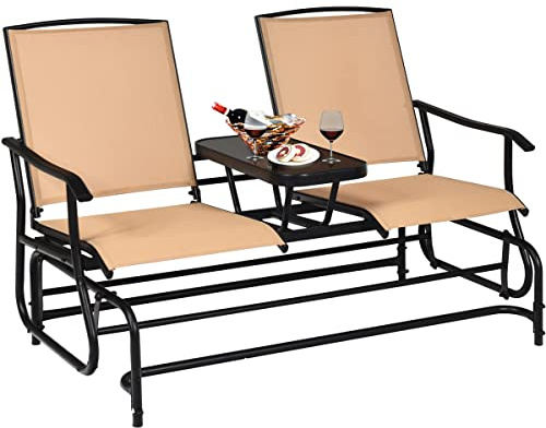 GIANTEX Gartenbank Schaukelbank 2 Sitzer mit Tisch, Gartenschaukel Sitzbank Metall, Gartenstuhl Schaukelstuhl Balkon Schaukel Bank Garten, Parkbank Schwingbank 145x70x95 cm (Beige)