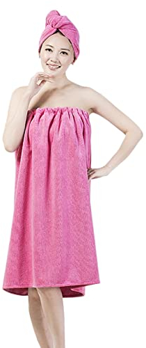 SIQITECH Saunakilt Damen Mädchen Badekleid Trockenhaube Set Saunamantel Klettverschluss Nachtwäsche Microfaser Weich HandtuchKleid Morgenmantel mit Gummizug Bademantel für Hotel Reise Spa Schwimmbad