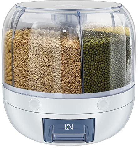 Eummy 6 Grid Rotating Food Dispenser Round Rice Container Bucket Cereal Storage Tank Sealed Grain Container Dry Food Storage Box for Small Beans(3kg)