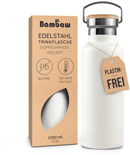 Bambaw Isolierflasche 1 Liter, Trinkflasche Edelstahl Spülmaschinenfest, Wasserflasche Edelstahl 1l, Hält Getränke 24h Kalt & 12h Heiß, Robust, Leicht zu Tragen, Aus Metall (Polarweiß)